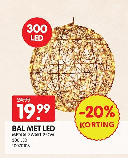 BAL MET LED METAAL ZWART 25CM 300 LED