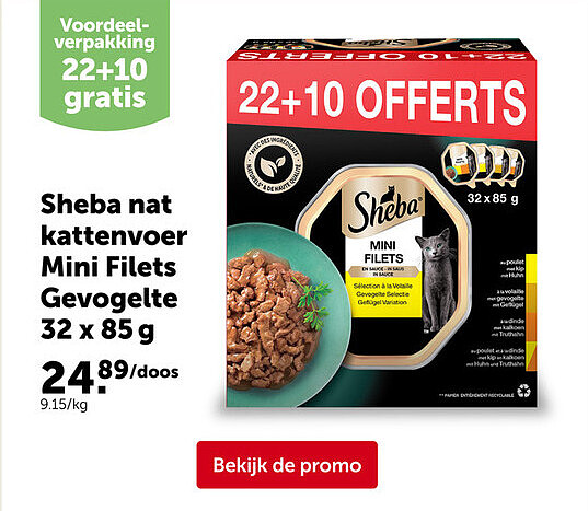 Sheba nat kattenvoer Mini Filets Gevogelte 32 x 85 g
