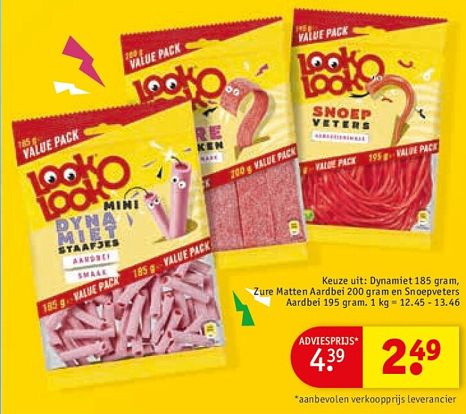 Dynamiet 185 gram, Zure Matten Aardbei 200 gram en Snoepveters Aardbei 195 gram.