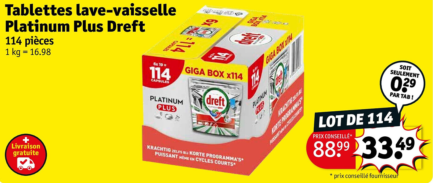 Tablettes lave-vaisselle Platinum Plus Dreft 114 pièces