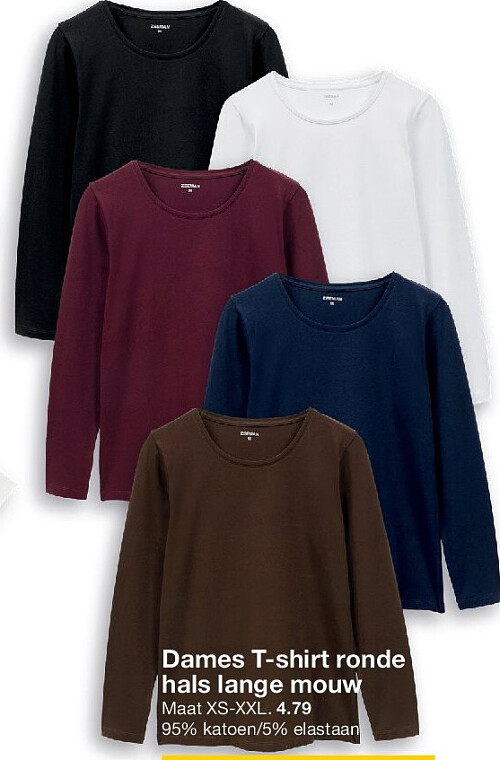 Dames T-shirt ronde hals lange mouw