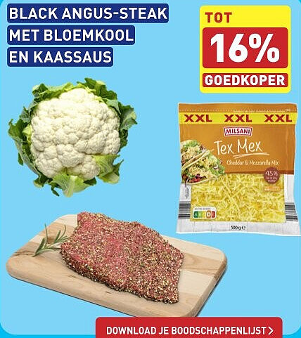 BLACK ANGUS-STEAK MET BLOEMKOOL EN KAASSAUS