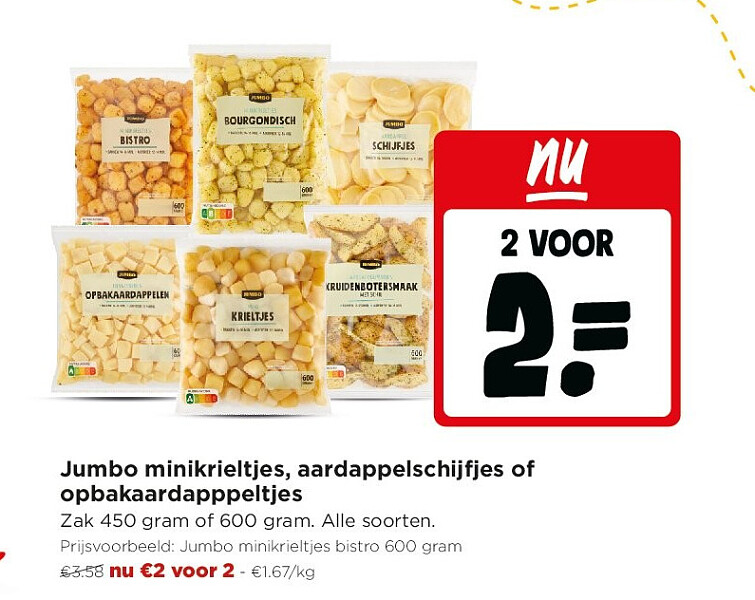 Jumbo minikrieltjes, aardappelschijfjes of opbakaardapppeltjes