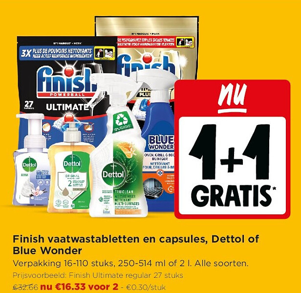 Finish vaatwastabletten en capsules, Dettol of Blue Wonder