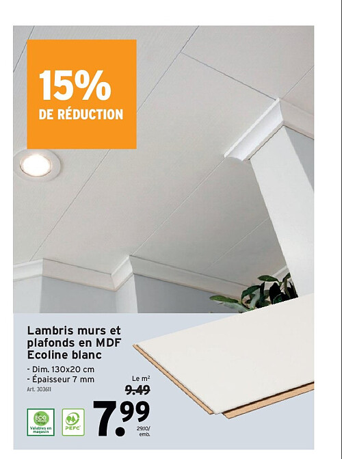 Lambris murs et plafonds en MDF Ecoline blanc