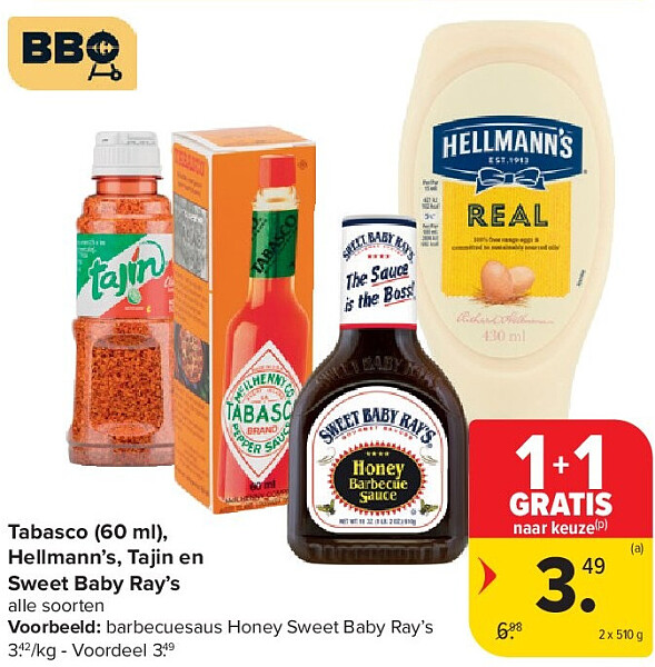 Tabasco (60 ml), Hellmann’s, Tajin en Sweet Baby Ray’s