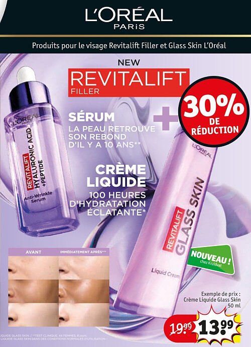 Produits pour le visage Revitalift Filler et Glass Skin L’Oréal