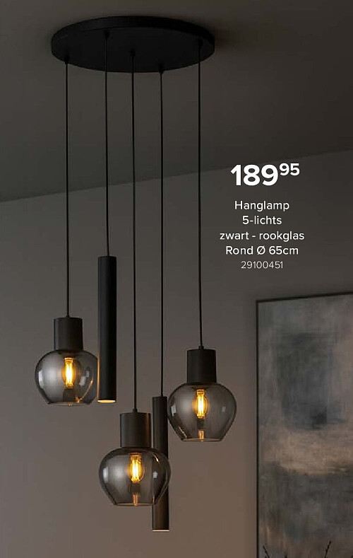 Hanglamp 5-lichts zwart - rookglas Rond Ø 65cm 29100451