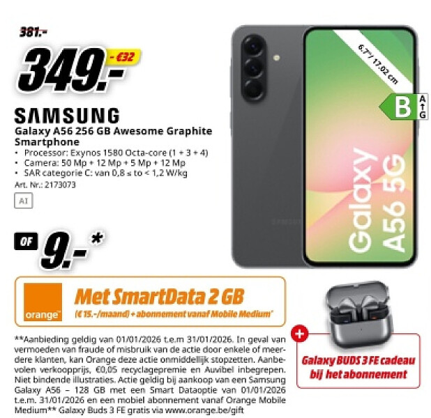 SAMSUNG Galaxy A56 256 GB Awesome Graphite Smartphone + GalaxyBUDS 3