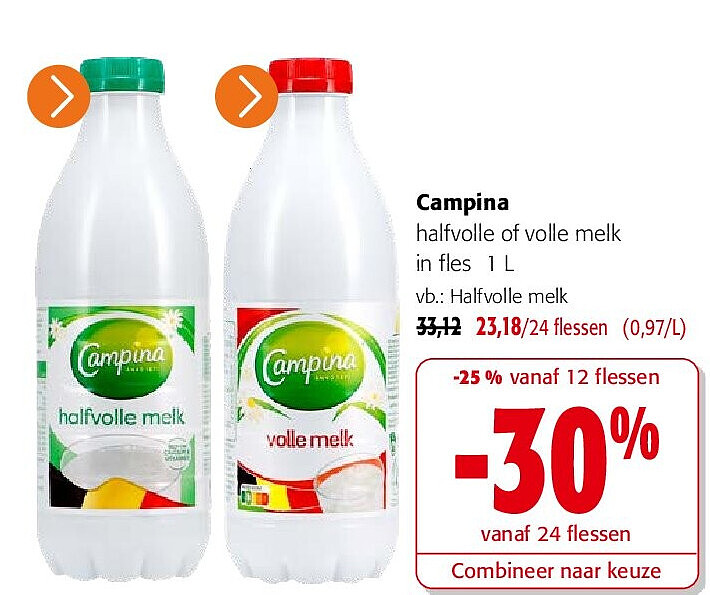 Campina halfvolle of volle melk in fles 1 L