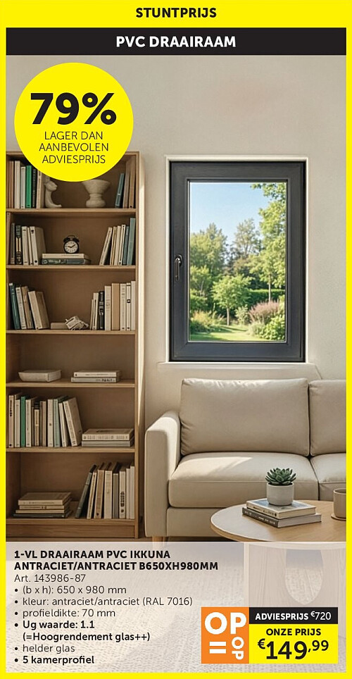 1-VL DRAAIRAAM PVC IKKUNA ANTRACIET/ANTRACIET B650XH980MM