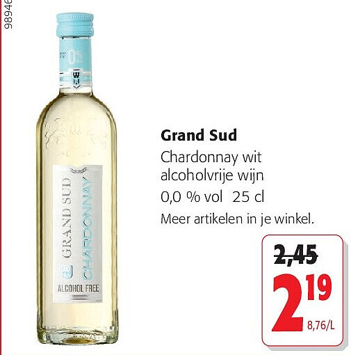 Grand Sud Chardonnay wit alcoholvrije wijn 0,0 % vol 25 cl