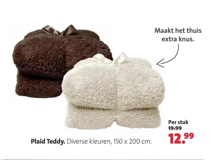Plaid Teddy. Diverse kleuren, 150 x 200 cm.
