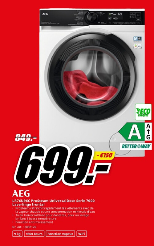 AEG LR76U96C ProSteam UniversalDose Serie 7000 Lave-linge frontal