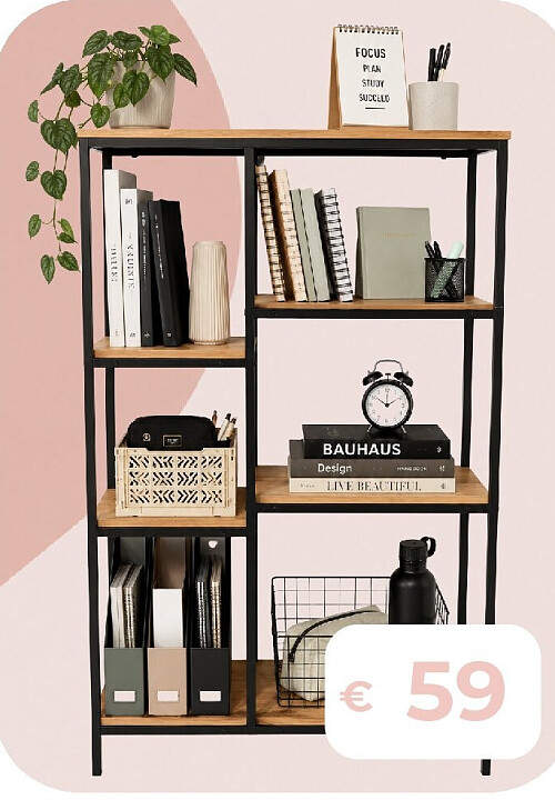 Metalen boekenkast met houten planken