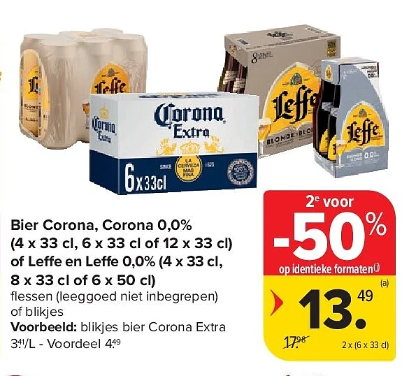 Bier Corona, Corona 0,0% (4 x 33 cl, 6 x 33 cl of 12 x 33 cl) of Leffe en Leffe 0,0% (4 x 33 cl, 8 x 33 cl of 6 x 50 cl)