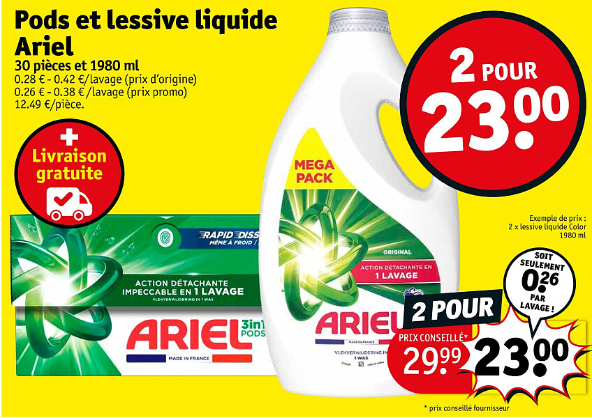 Pods et lessive liquide Ariel 2 POUR