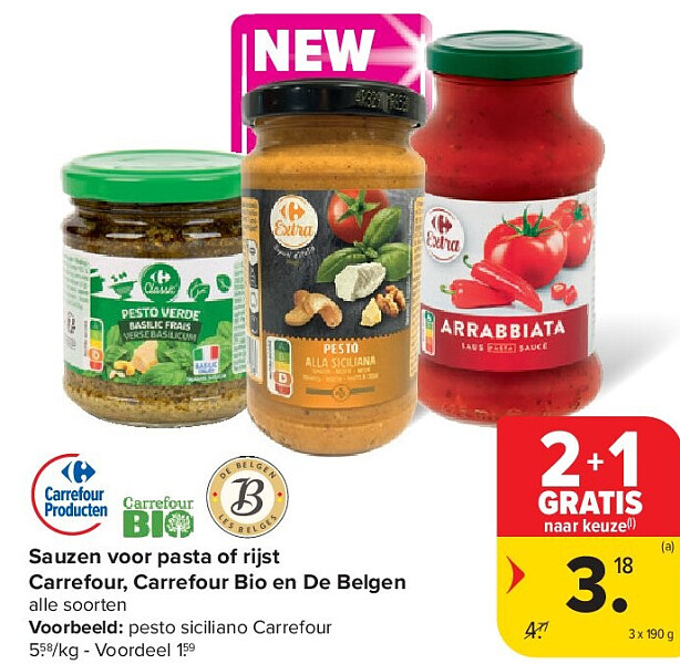 Sauzen voor pasta of rijst Carrefour, Carrefour Bio en De Belgen
