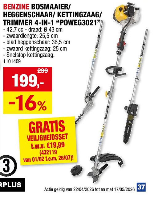 BENZINE BOSMAAIER/ HEGGENSCHAAR/ KETTINGZAAG/ TRIMMER 4-IN-1 “POWEG3021”