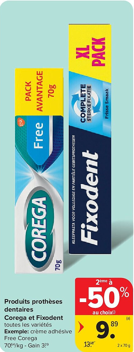 Produits prothèses dentaires Corega et Fixodent 2 x 70 g