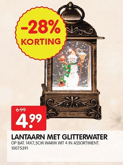 LANTAARN MET GLITTERWATER OP BAT. 14X7,5CM WARM WIT 4 IN ASSORTIMENT.