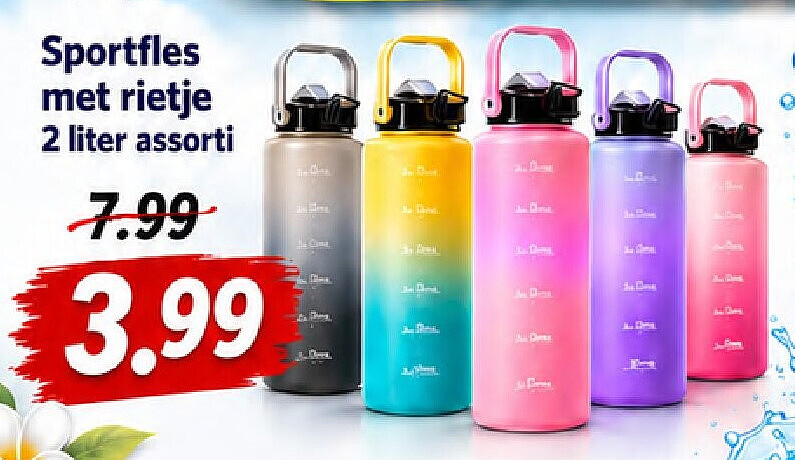 Sportfles met rietje 2 liter assorti