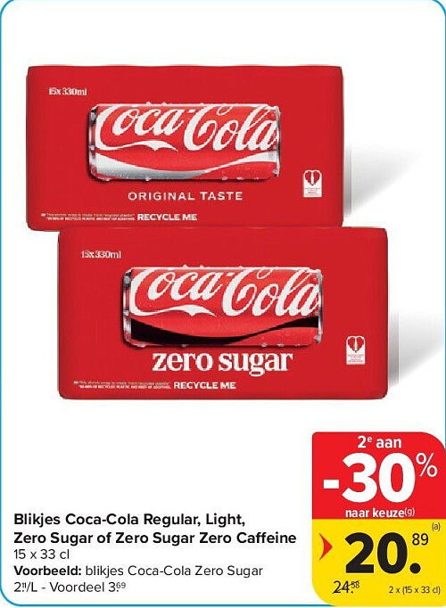 Blikjes Coca-Cola Regular, Light, Zero Sugar of Zero Sugar Zero Caffeine