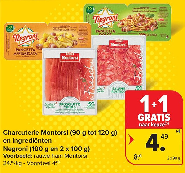 Charcuterie Montorsi (90 g tot 120 g) en ingrediënten Negroni (100 g en 2 x 100 g)