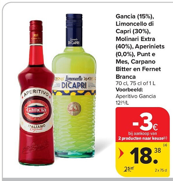 Gancia (15%), Limoncello di Capri (30%), Molinari Extra (40%), Aperiniets (0,0%), Punt e Mes, Carpano Bitter en Fernet Branca