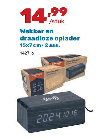 Wekker en draadloze oplader 15x7 cm • 2 ass.