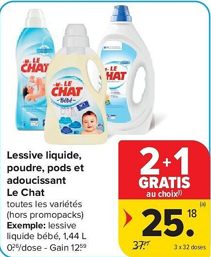 Lessive liquide, poudre, pods et adoucissant Le Chat 3 x 32 doses