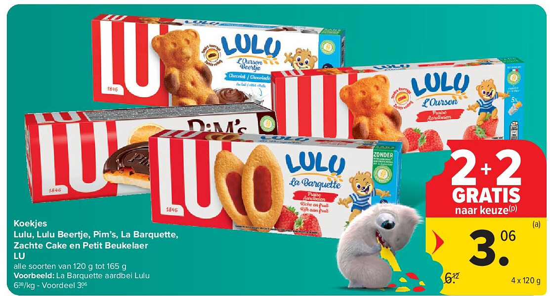 Koekjes Lulu, Lulu Beertje, Pim’s, La Barquette, Zachte Cake en Petit Beukelaer LU
