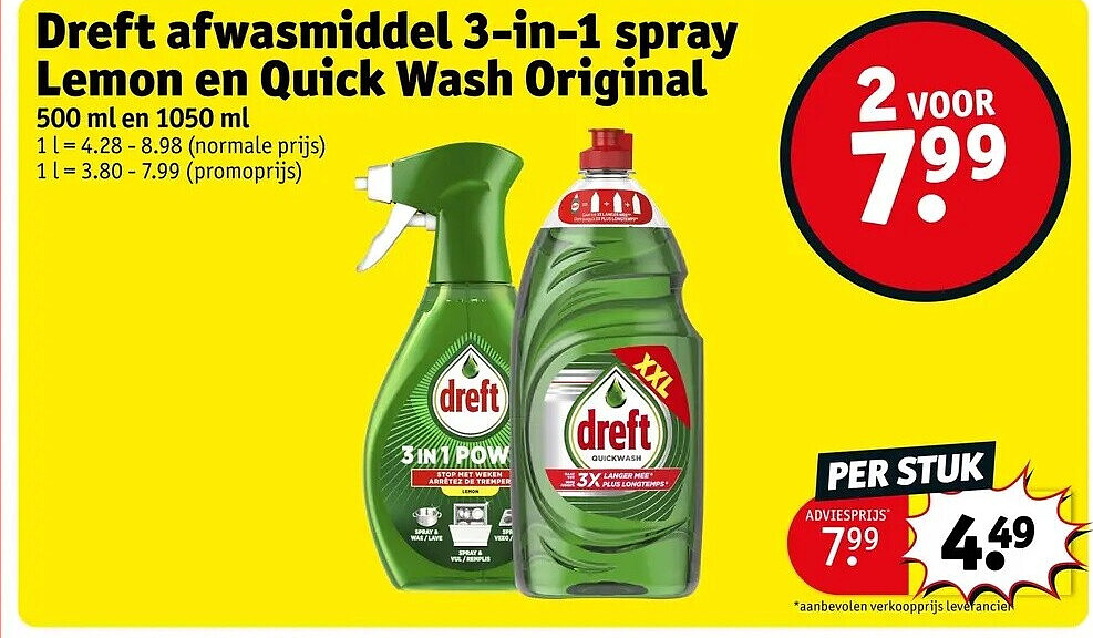 Dreft afwasmiddel 3-in-1 spray Lemon en Quick Wash Original
