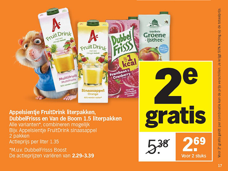 Appelsientje FruitDrink literpakken, DubbelFrisss en Van de Boom 1.5 literpakken