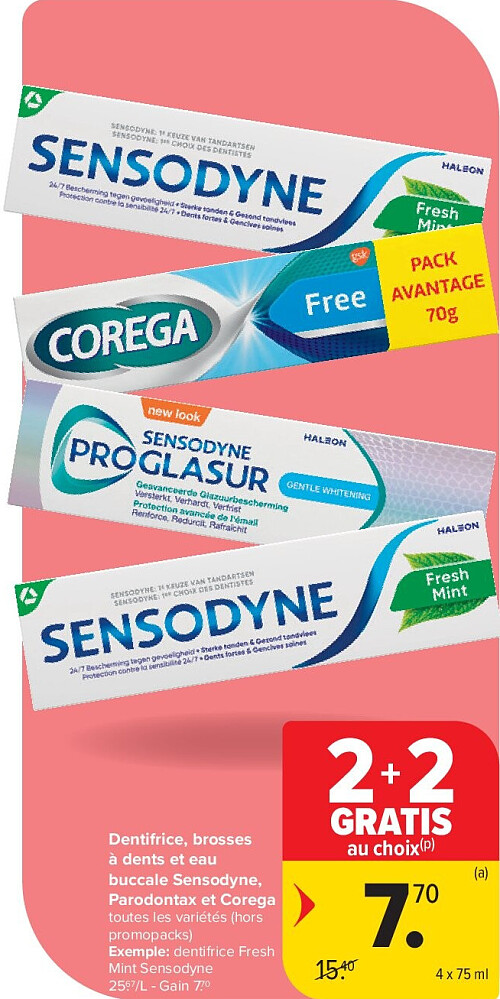 Dentifrice, brosses à dents et eau buccale Sensodyne, Parodontax et Corega 4 x 75 ml