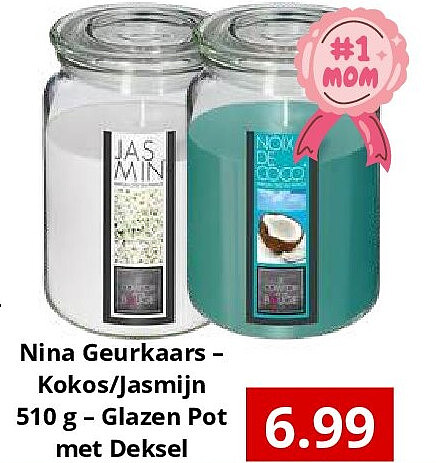 Nina Geurkaars – Kokos/Jasmijn 510 g – Glazen Pot met Deksel