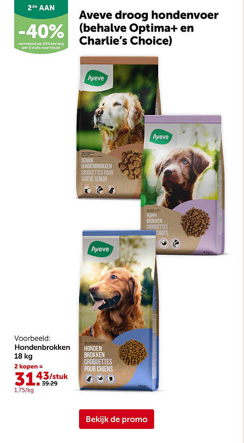 Aveve droog hondenvoer (behalve Optima+ en Charlie’s Choice)