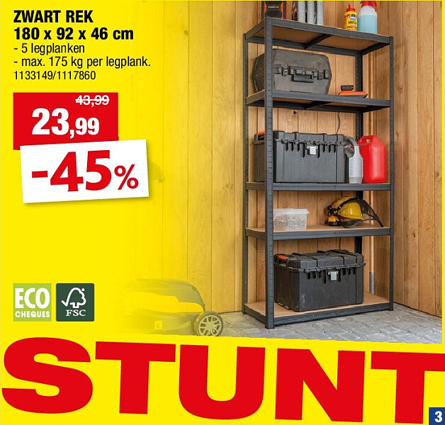 ZWART REK 180 x 92 x 46 cm