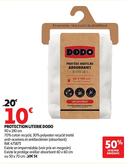 Protège-oreiller absorbant Dodo 60 x 60 cm ou 50 x 70 cm