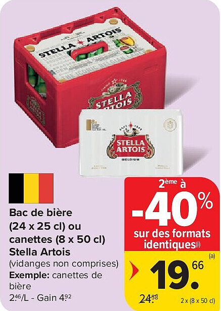 Bac de bière (24 x 25 cl) ou canettes (8 x 50 cl) Stella Artois 2 x (8 x 50 cl)