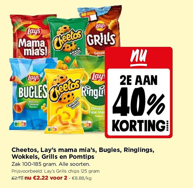 Cheetos, Lay’s mama mia’s, Bugles, Ringlings, Wokkels, Grills en Pomtips