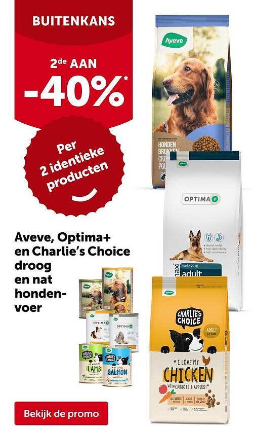 Aveve, Optima+ en Charlie's Choice droog en nat hondenvoer