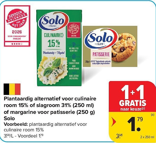 Plantaardig alternatief voor culinaire room 15% of slagroom 31% (250 ml) of margarine voor patisserie (250 g) Solo
