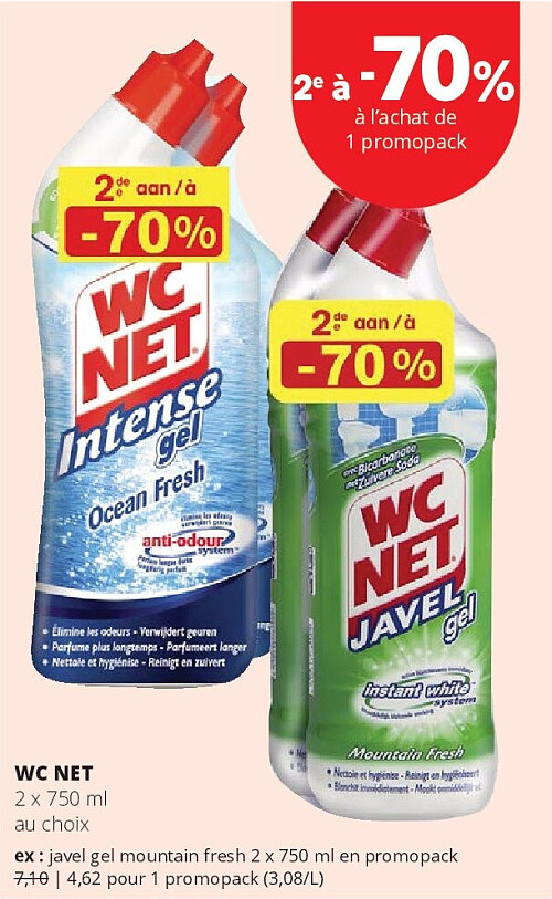 WC NET javel gel mountain fresh 2 x 750 ml en promopack