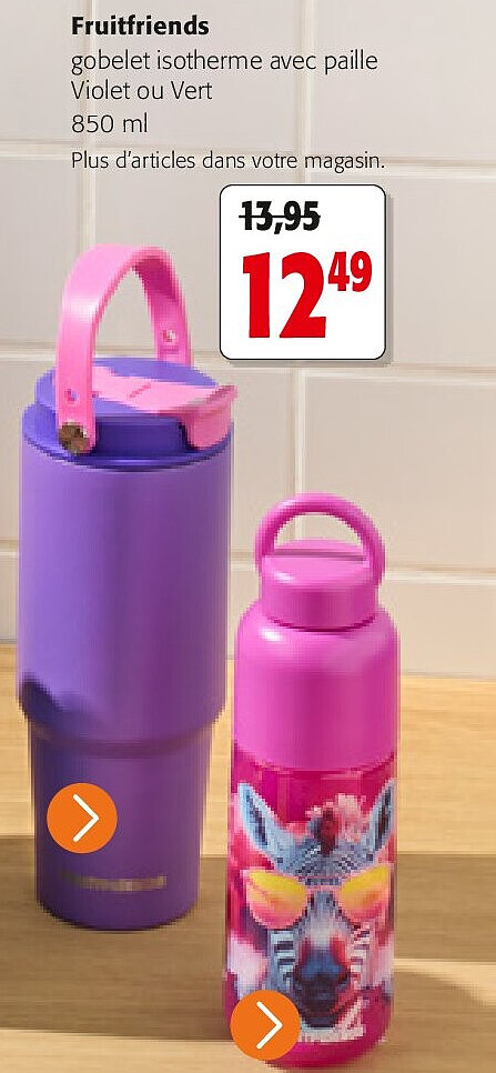 Fruitfriends gobelet isotherme avec paille Violet ou Vert 850 ml
