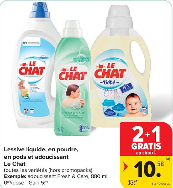 Lessive liquide, en poudre, en pods et adoucissant Le Chat 3 x 40 doses