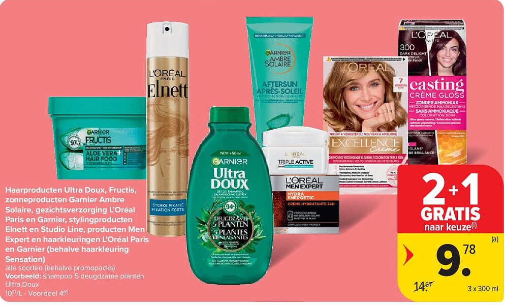 Haarproducten Ultra Doux, Fructis, zonneproducten Garnier Ambre Solaire, gezichtsverzorging L’Oréal Paris en Garnier, stylingproducten Elnett en Studio Line, producten Men Expert en haarkleuringen L’Oréal Paris en Garnier (behalve haarkleuring Sensation)