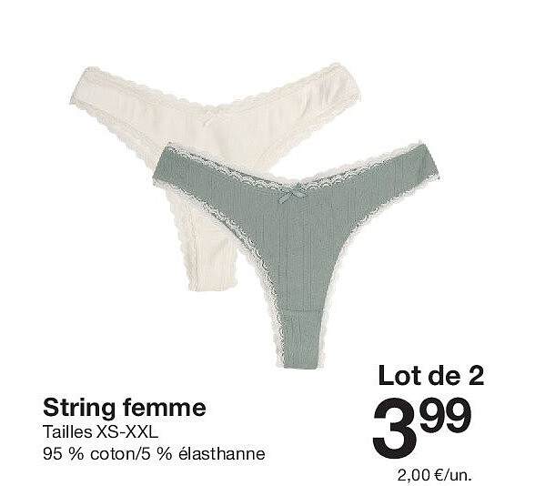 String femme Tailles XS-XXL 95 % coton/5 % élasthanne