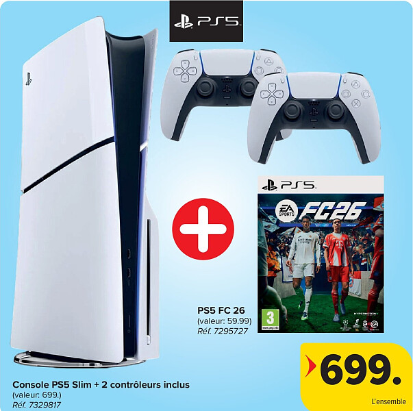Console PS5 Slim + 2 contrôleurs inclus + PS5 FC 26
