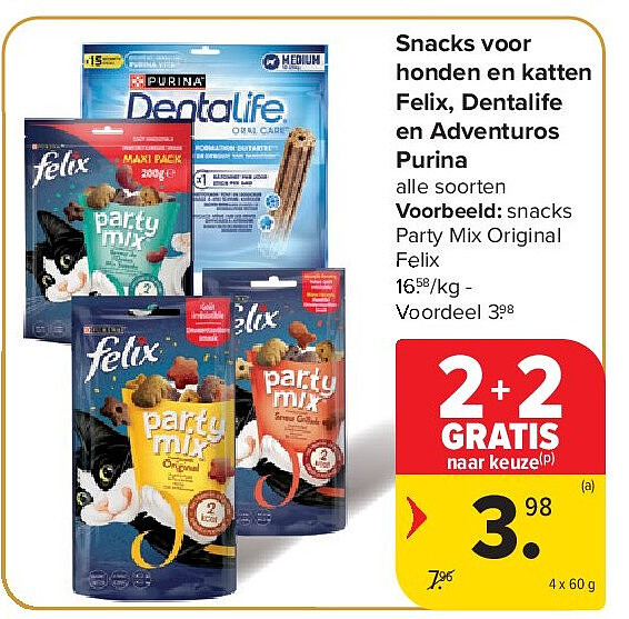 Snacks voor honden en katten Felix, Dentalife en Adventuros Purina